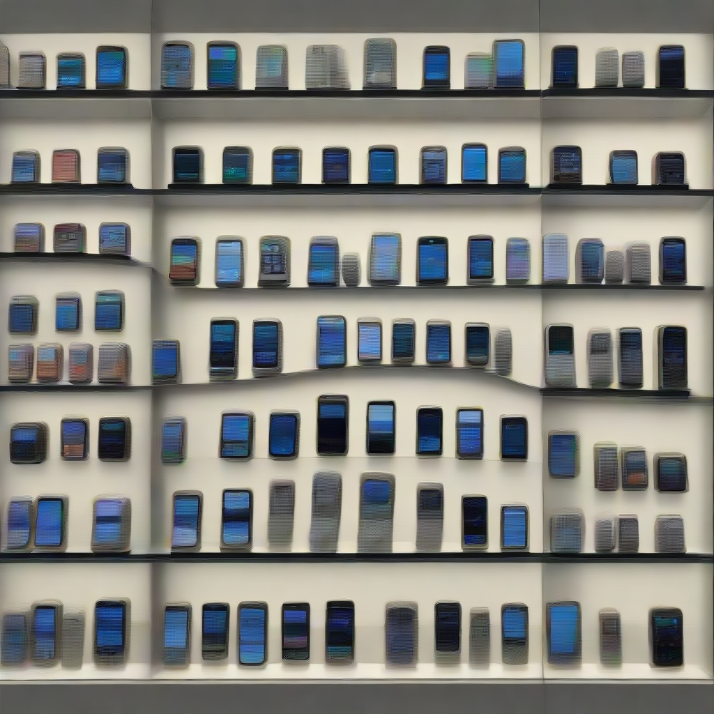 a collection of smartphones displayed in a museum