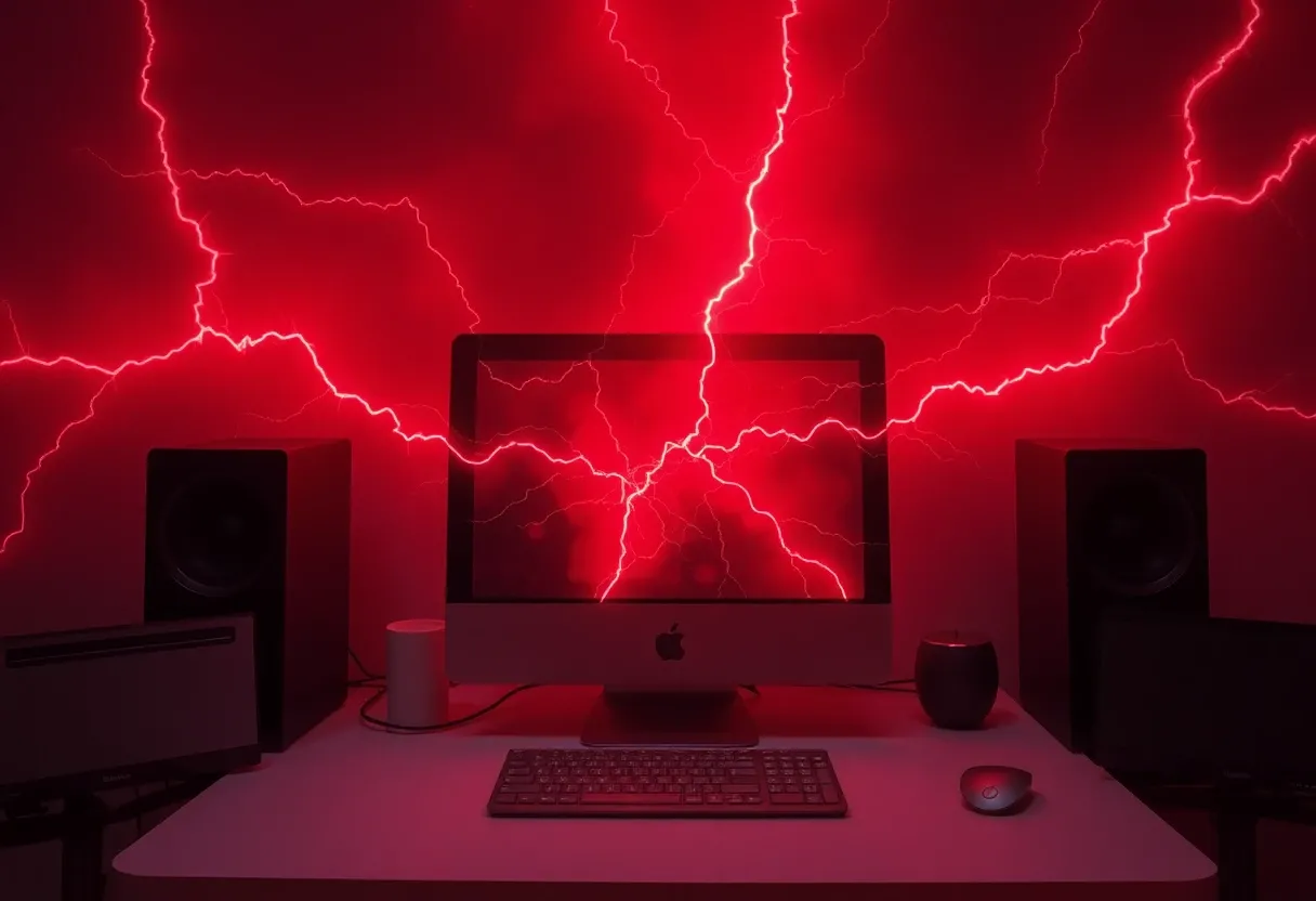 a computer with red lightning all around it