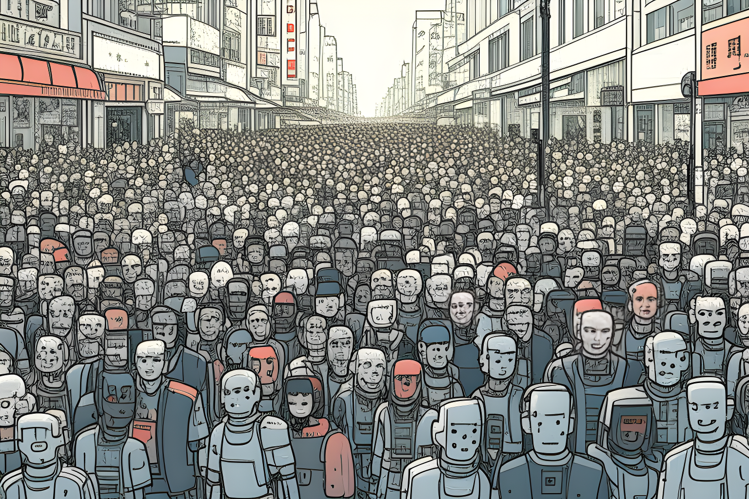 a crowded street filled with humans and robots