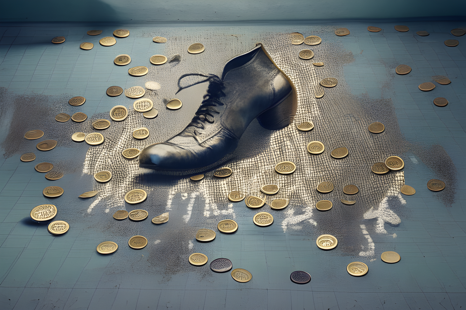 A dance chart with coins scattered around between the shoe prints