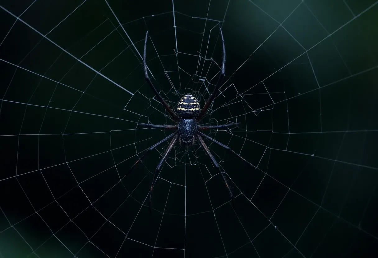 a dangerous black spider in the middle of webs