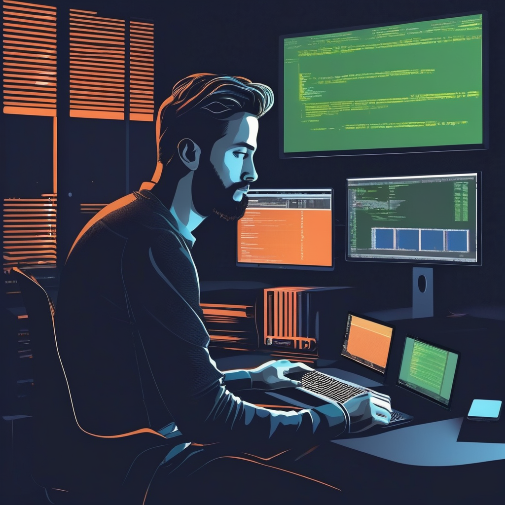 a developer coding in a dark room