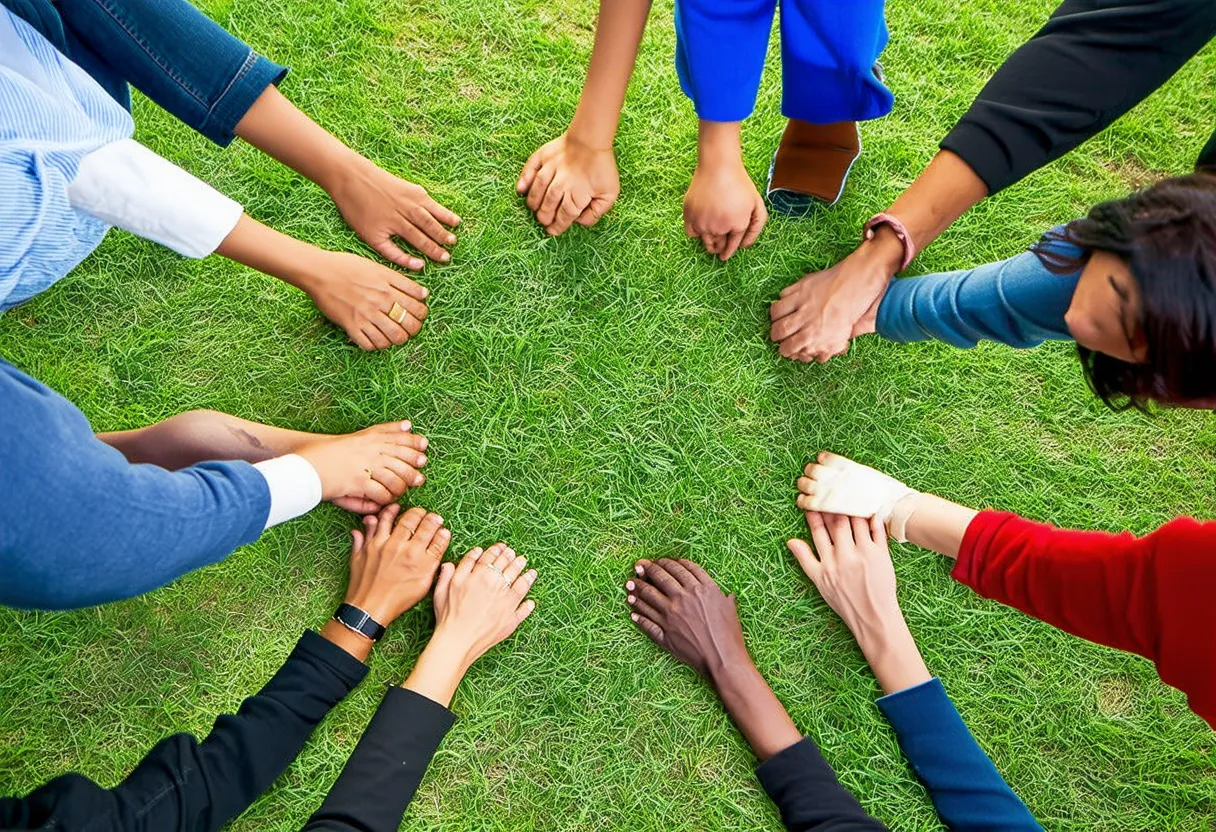 A diverse group holding hands in a circle