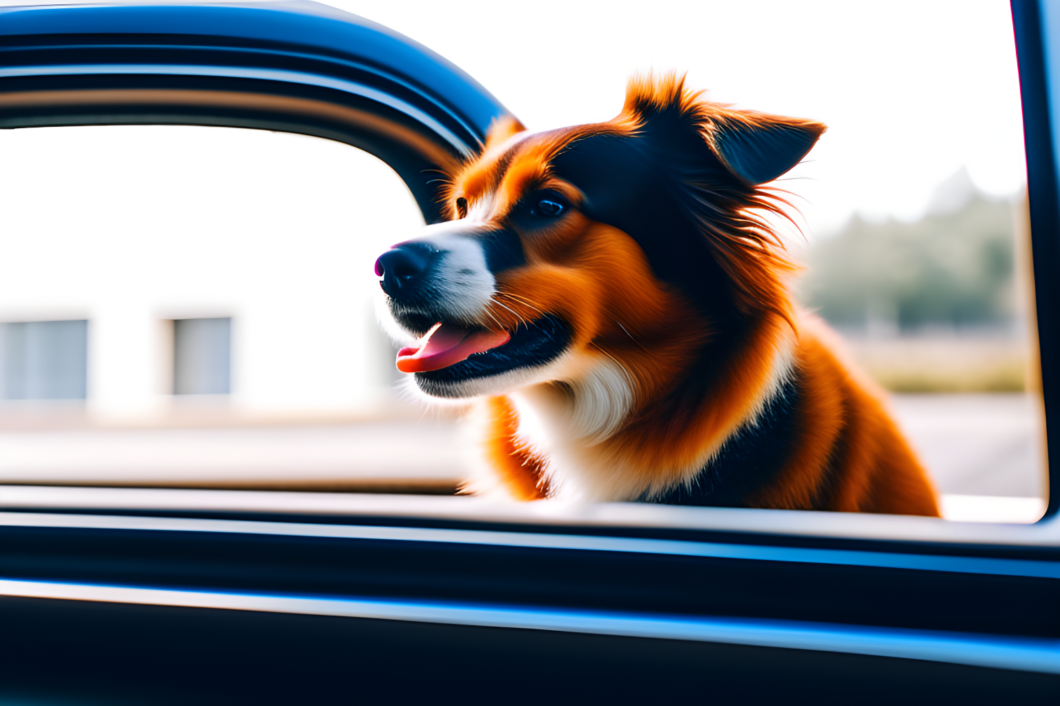 a dog hopping out a car window
