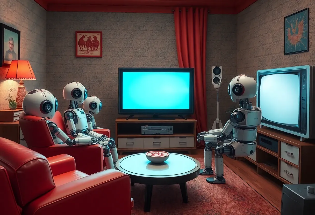 a family of robots watching tv in a retro living room