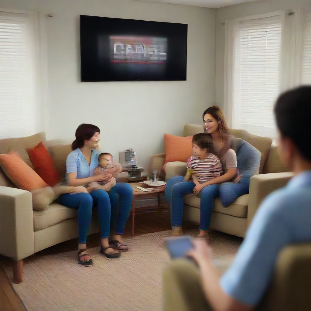 a family sitting down in their living room watching cable news