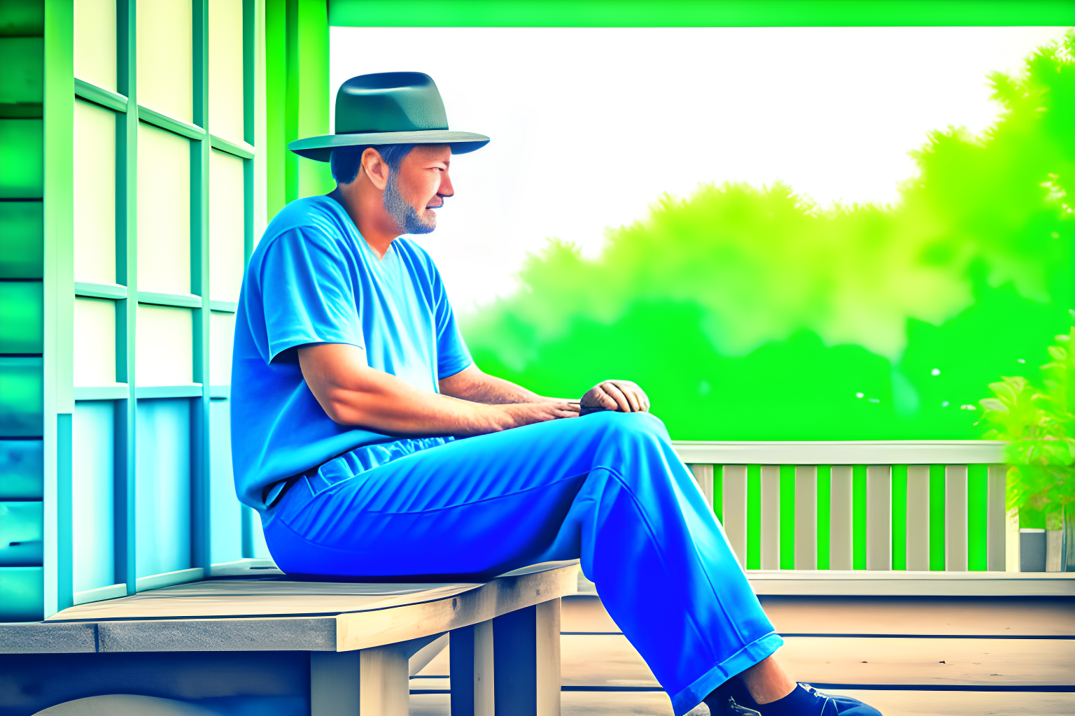 a farmer relaxing on his porch waterpaint style