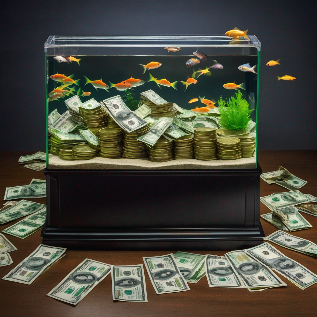 a fish tank filled with money