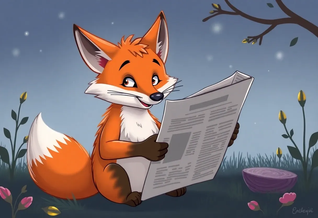 a fox reading a newspaper cartoonish