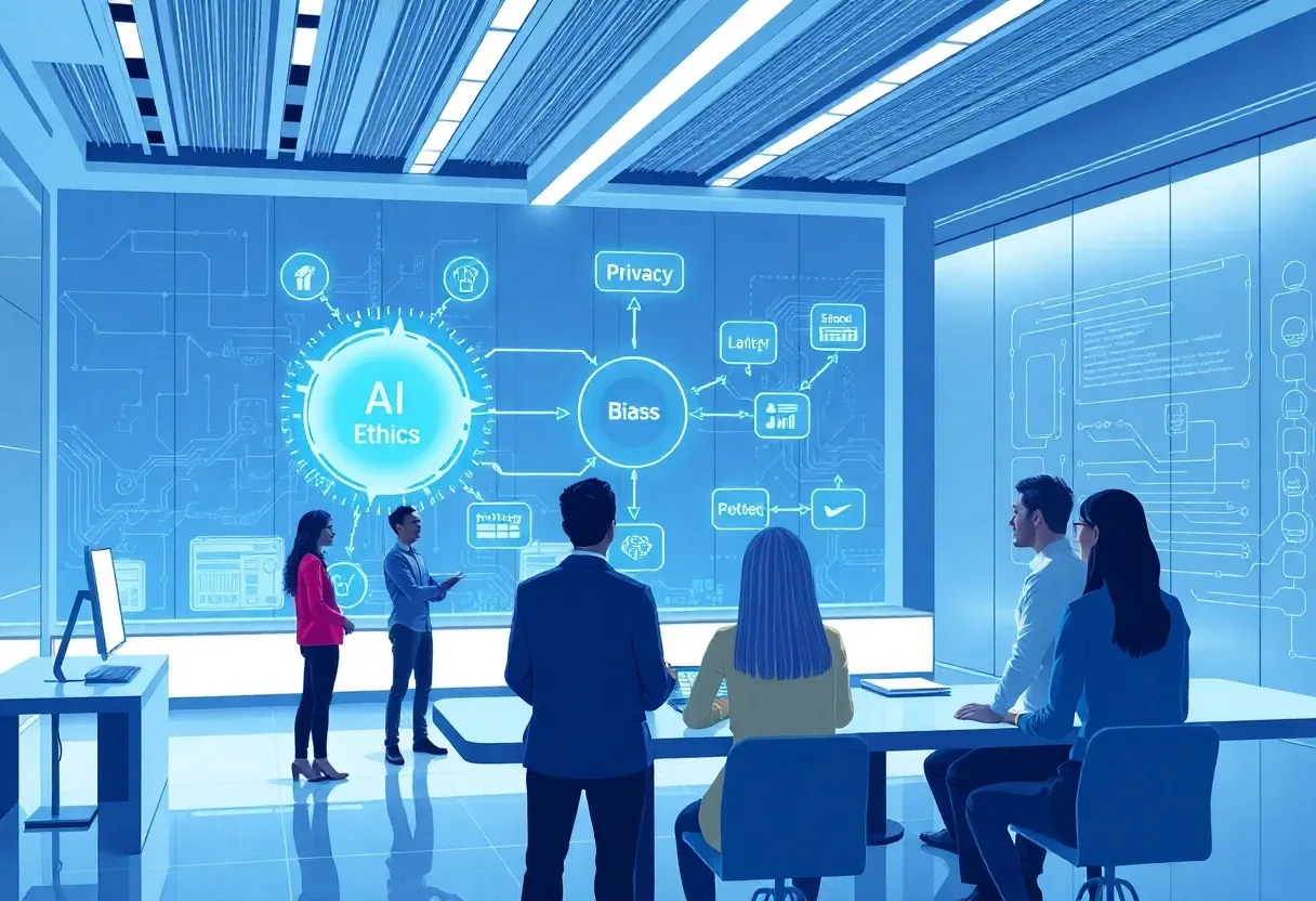 A futuristic, high-tech digital illustration of a diverse team of developers and ethicists in a sleek, modern office, analyzing a glowing holographic AI ethics flowchart with nodes for bias, privacy, and intellectual property. The scene features a blue and white color scheme, subtle circuit patterns