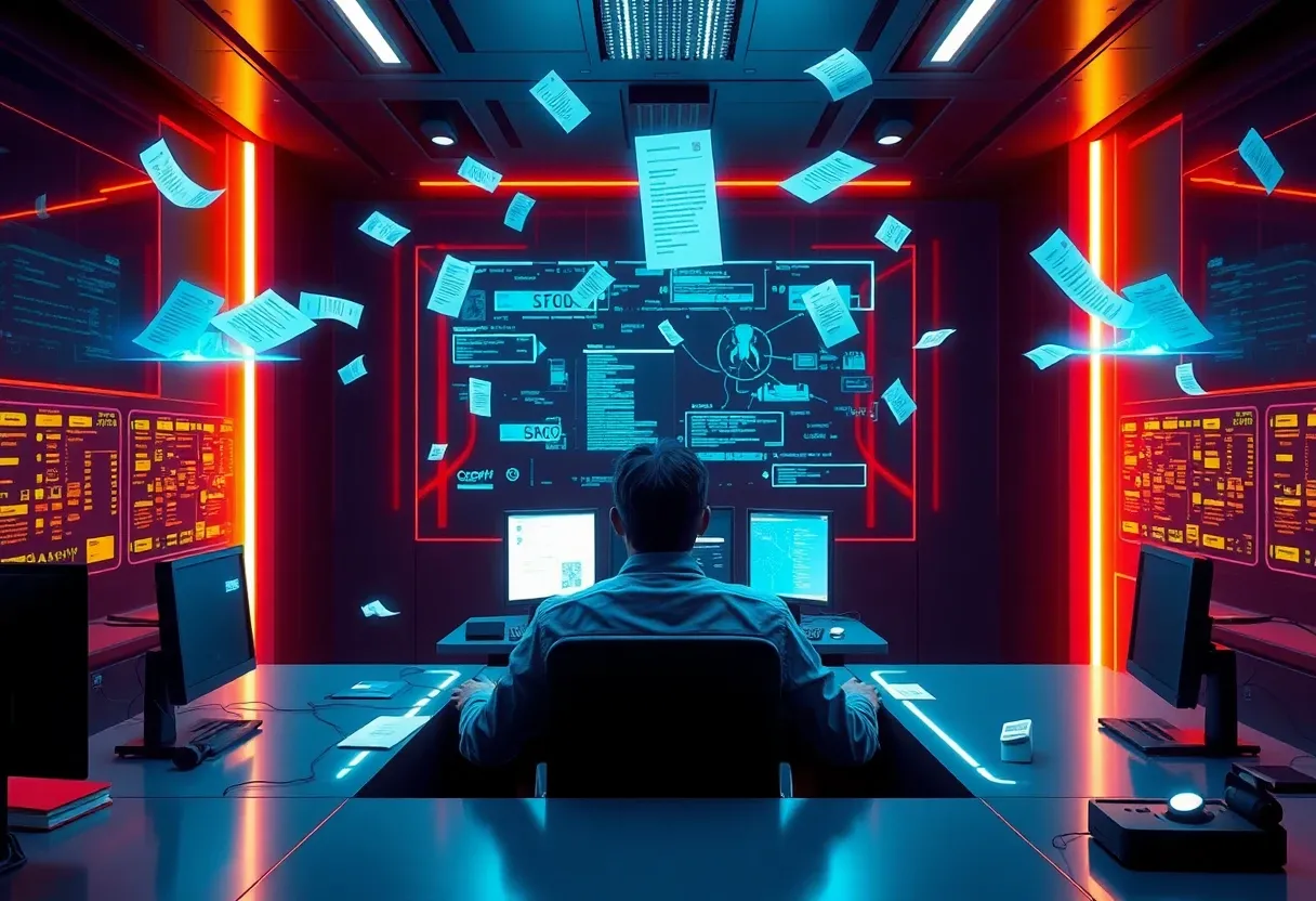 A futuristic service desk with AI agents floating in a neon-lit war room, tickets flying around like holograms, and a human IT manager trying to command them — halfway between overwhelmed and amazed.
