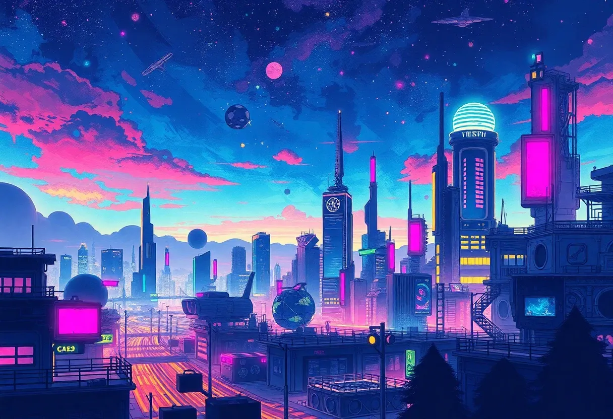 a futuristic tech city lo fi night sky sketch with bright colors