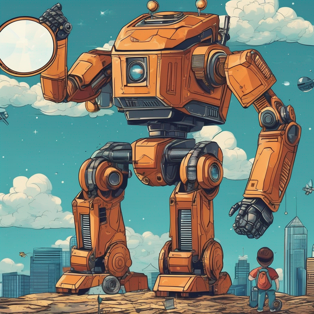 a giant robot in the sky using a magnifying glass