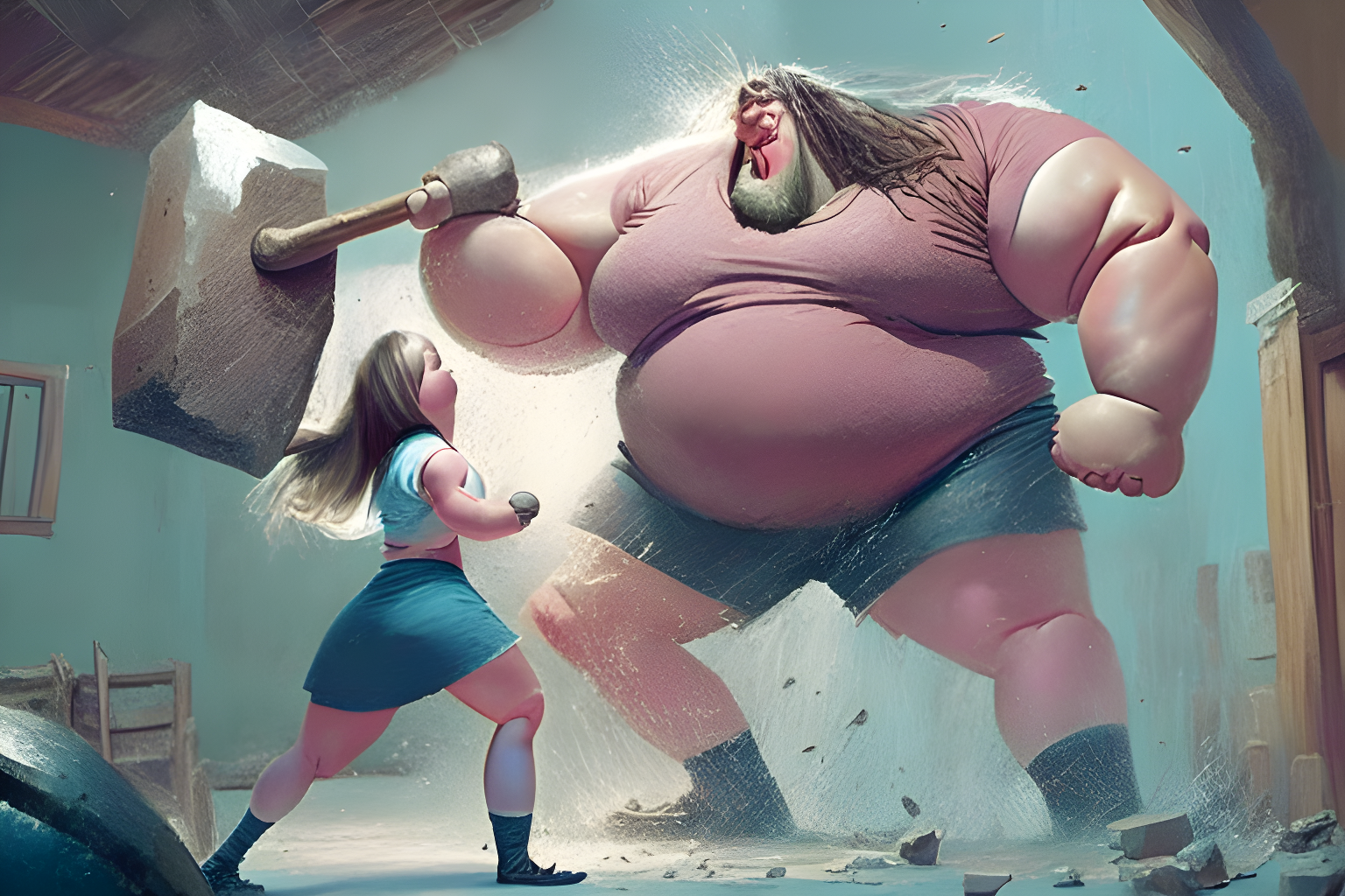 a girl trying to throw hammer on a very large guy