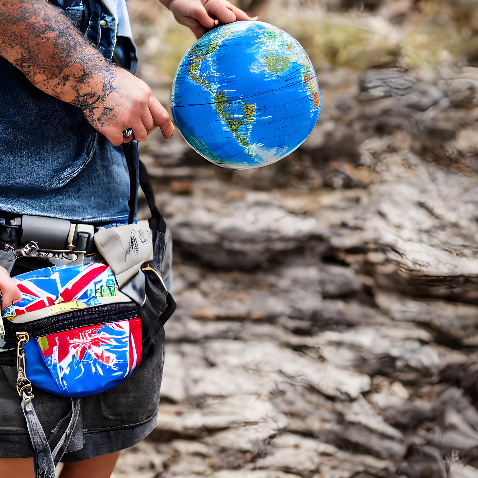 a globe coming out of a fanny pack