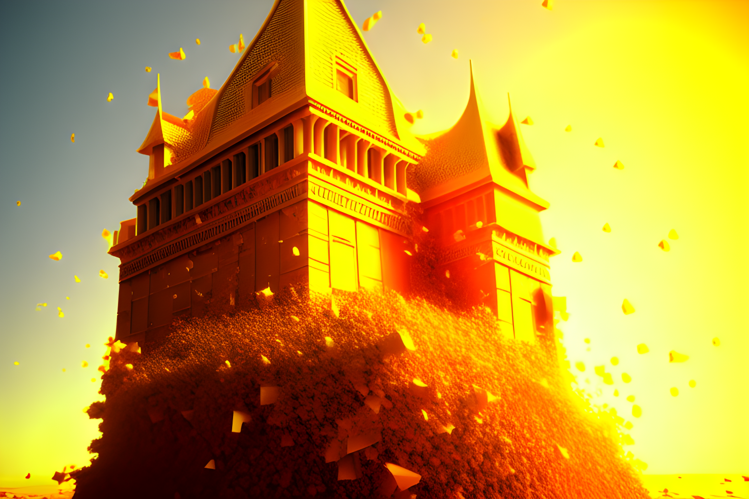 a golden castle collapsing and crashing