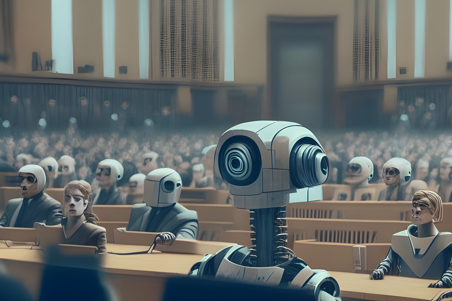 A government hearing with robots in the audience