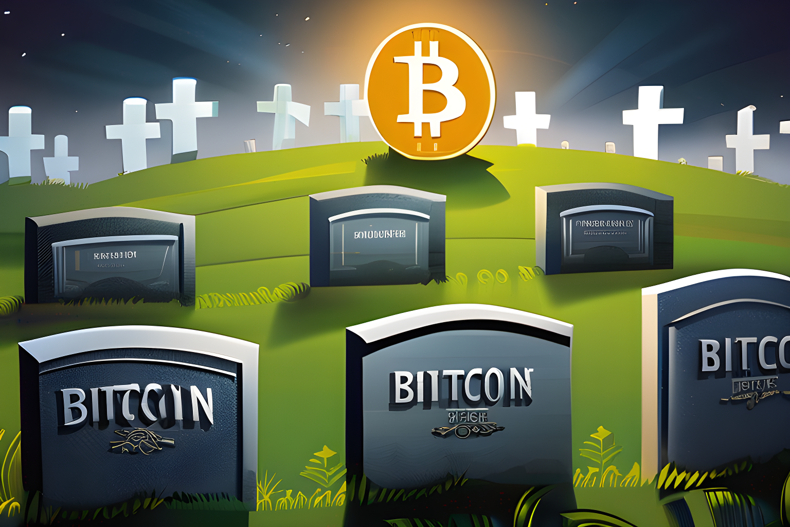 a gravestone for Bitcoin. multiple investors are surrounding the gravestone. it is set in a graveyard where there are multiple cryptocurrency gravestones.