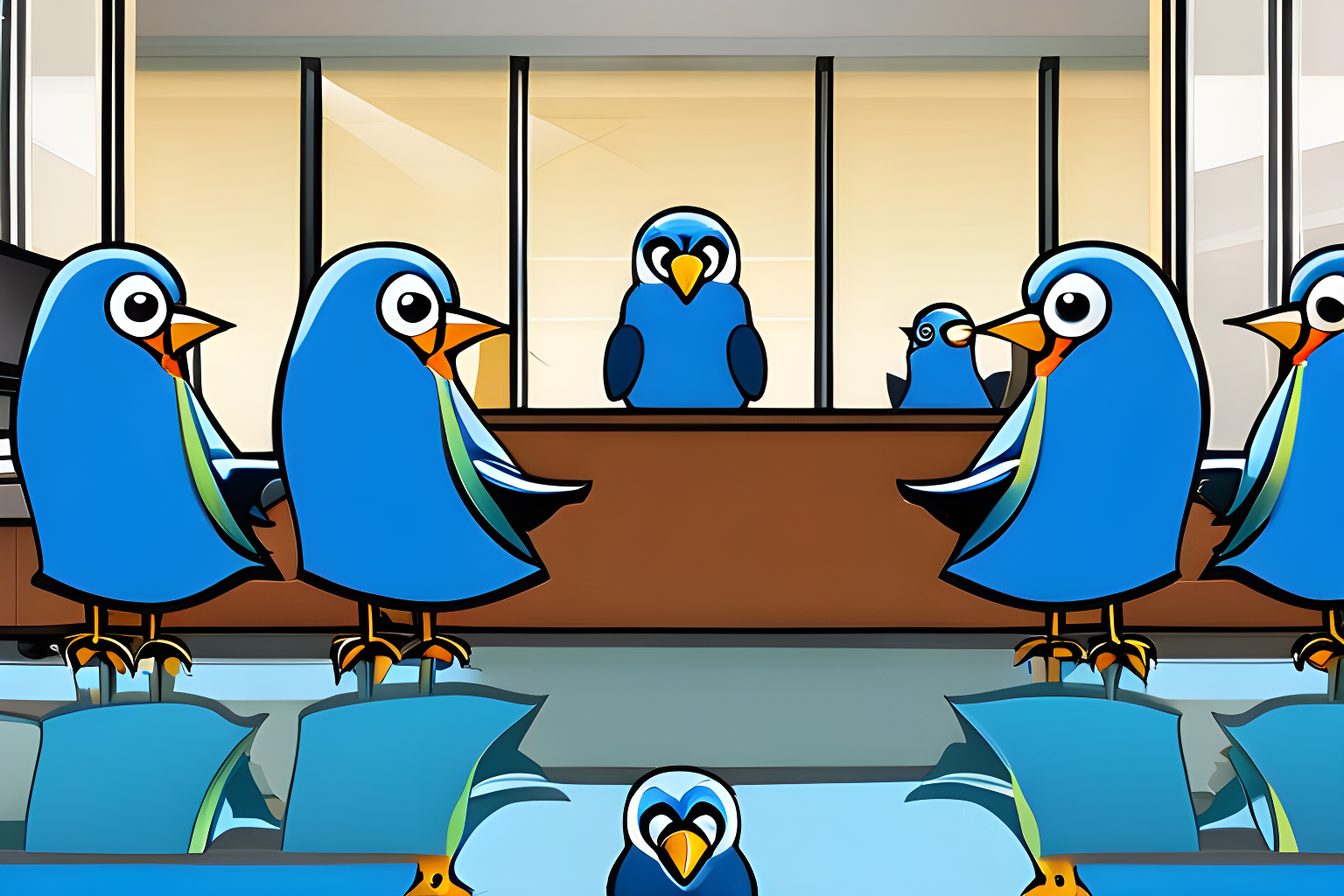 a group of blue birds having a meeting in an office