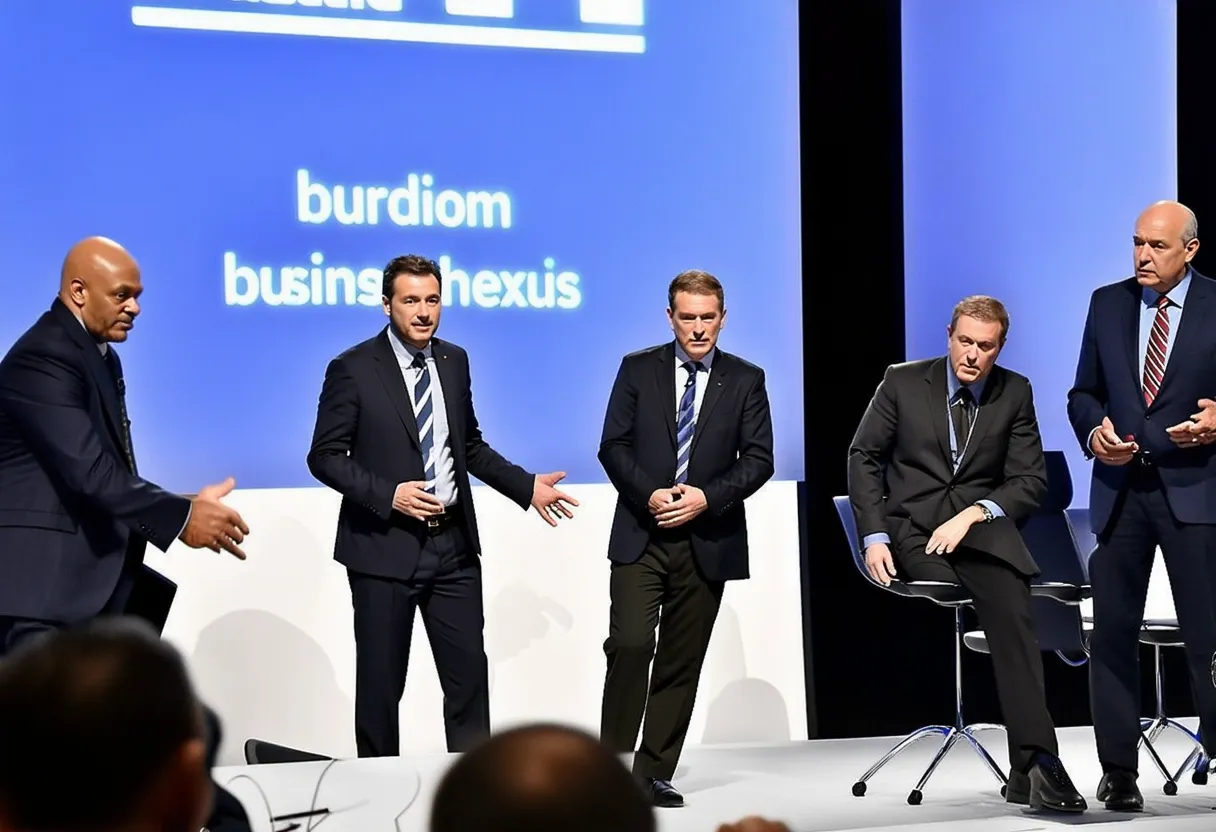 a group of businessmen giving a presentation on stage