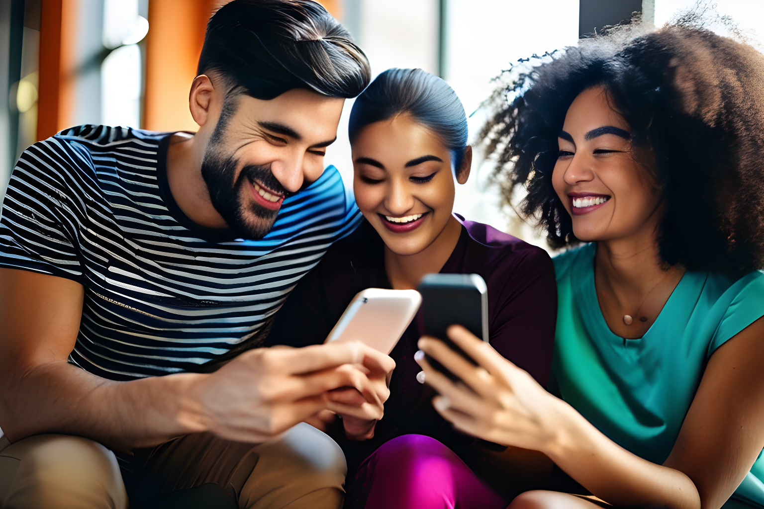 a group of diverse people smiling at their phones