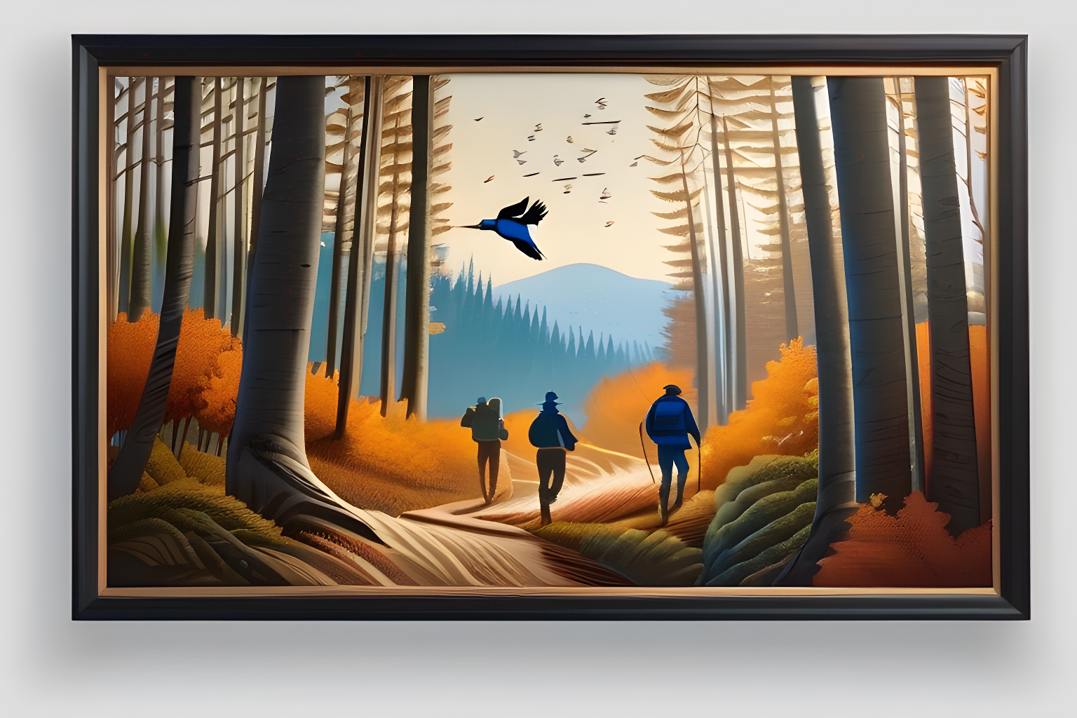 a group of hunters chasing a blue bird through the woods