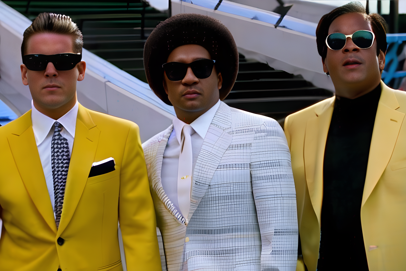 a group of men in black and white suits and black sunglasses