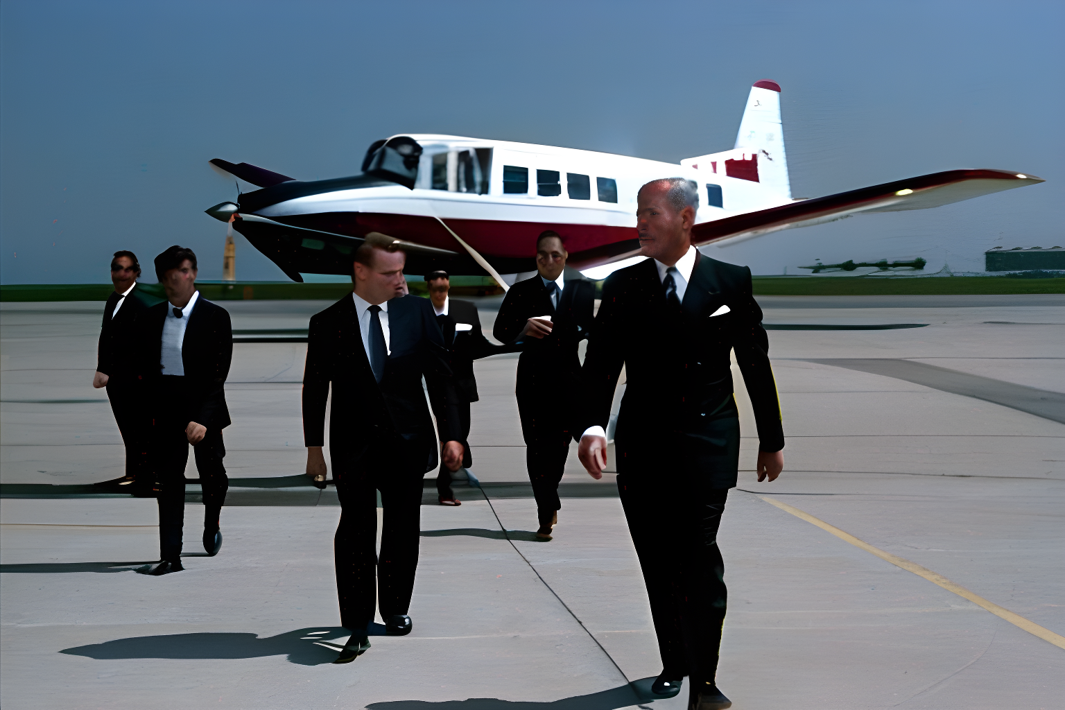 a group of men in suits around an aircraft