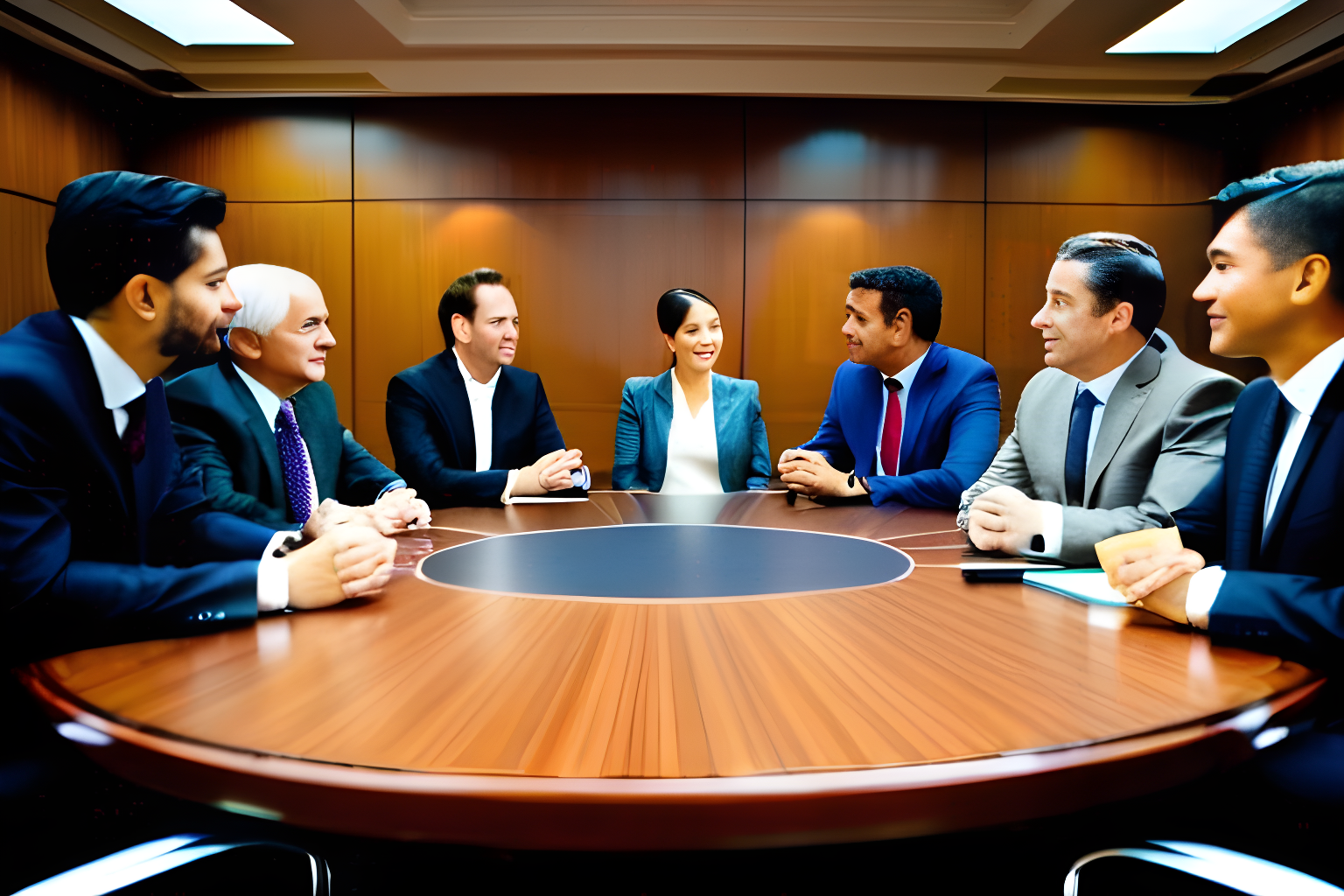 a group of people in suits talking on a round table
