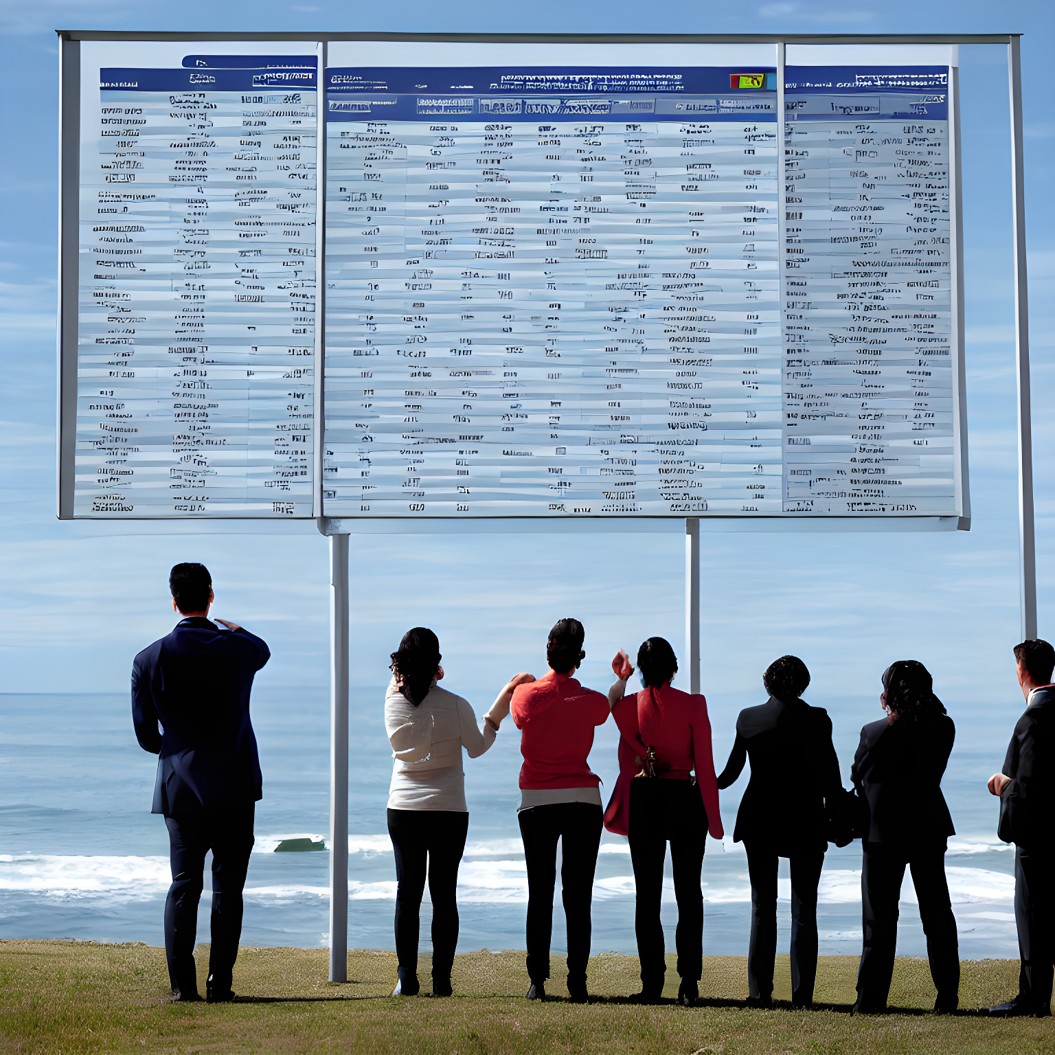 a group of people looking at a chart going up on the horizon