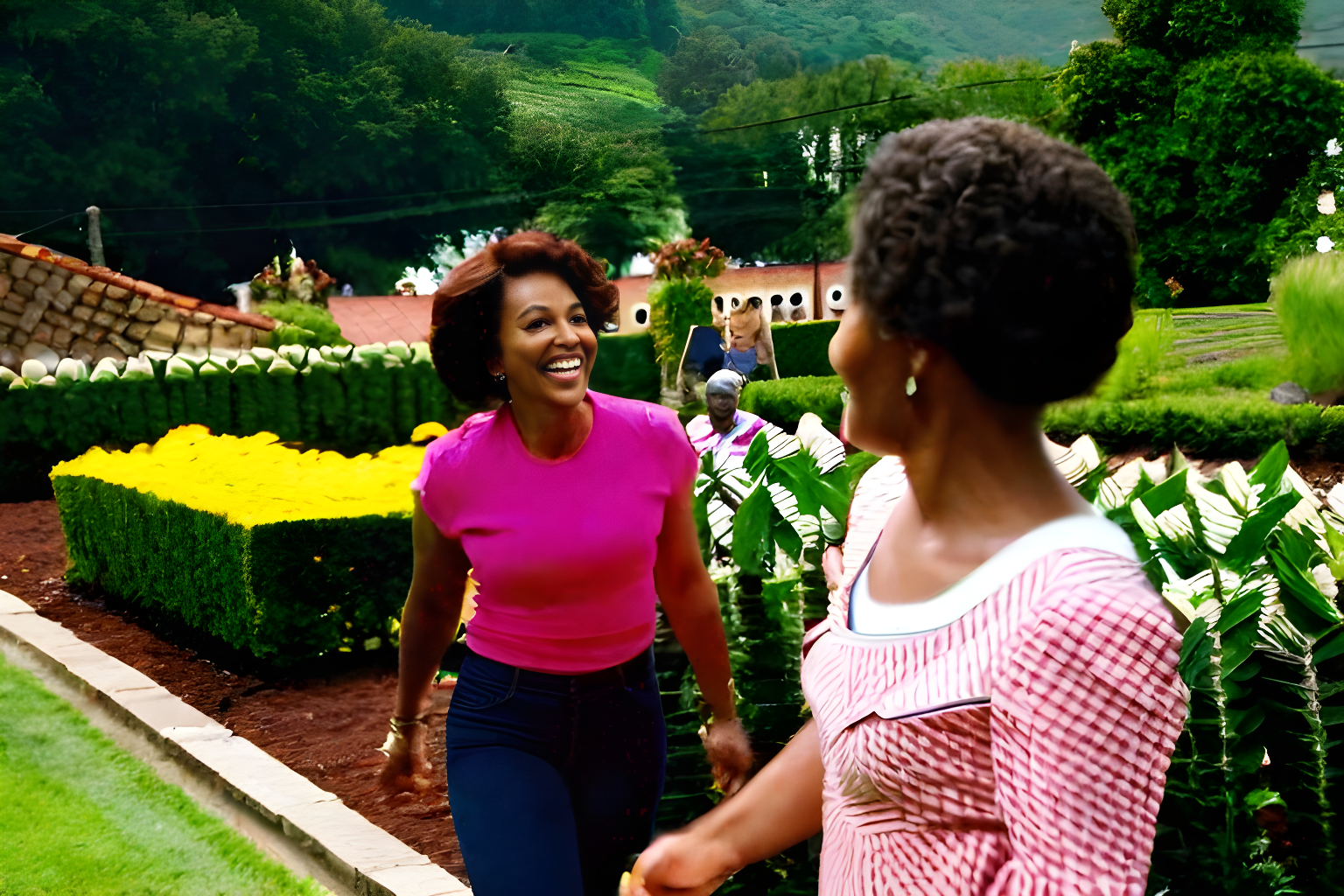 A group of people smiling  in a garden