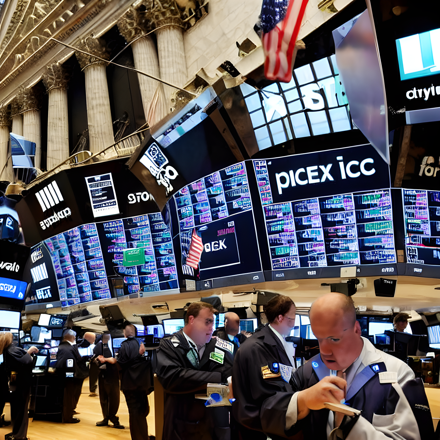 a group of people talking in the new york stock exchange in front of a big large screen showing tickers of famous cryptocurrencies which are randomly going up and down