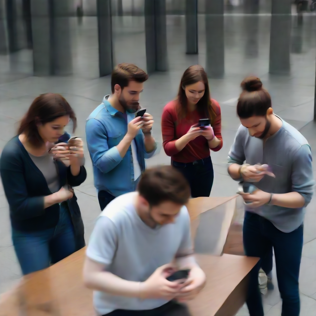 a group of people using smartphones in a public space