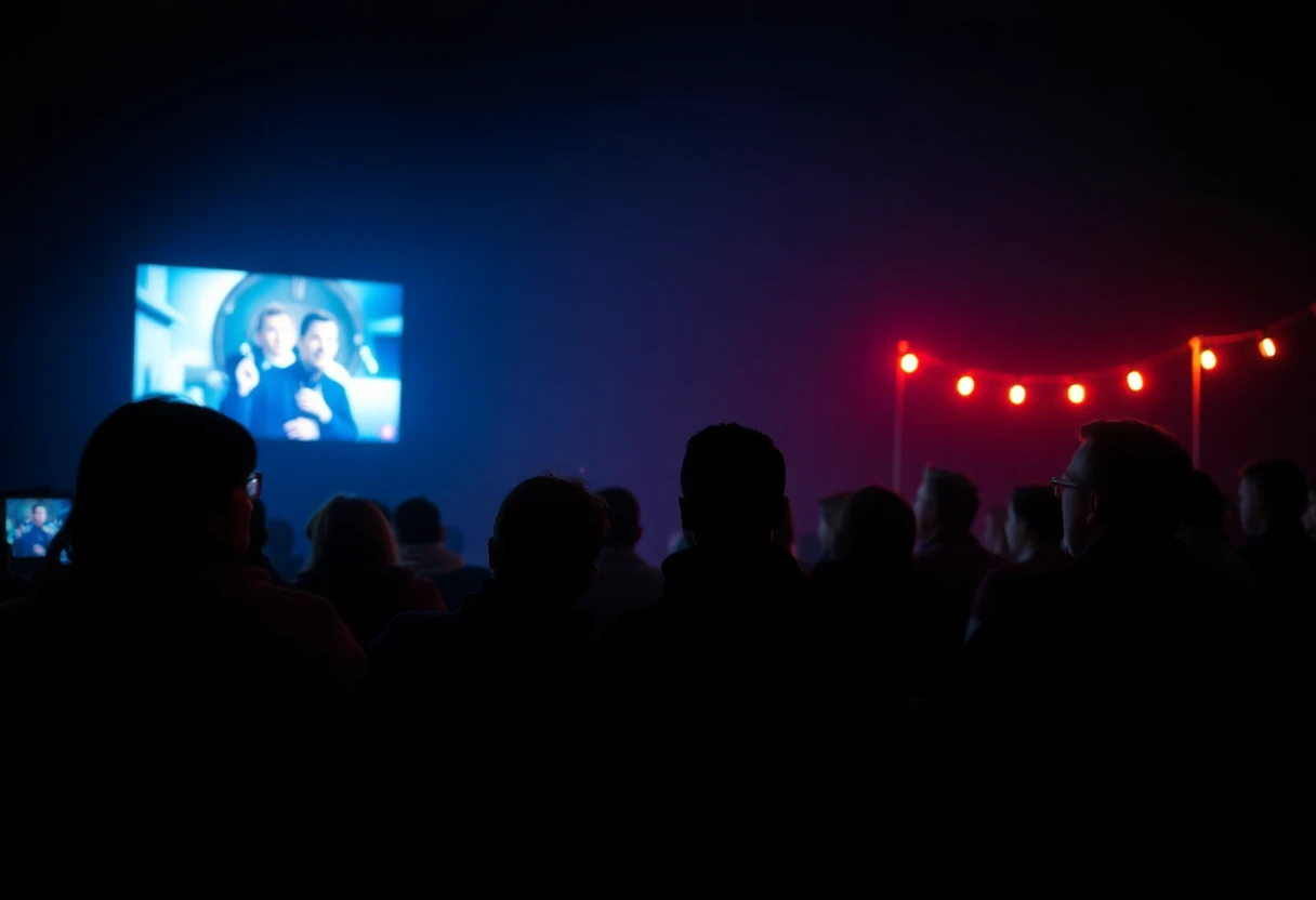a group of people watching a movie together less darkness