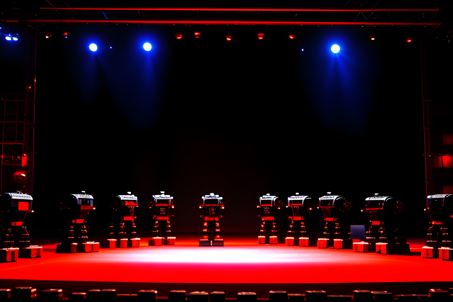 a group of robots bowing on stage in front of an audience
