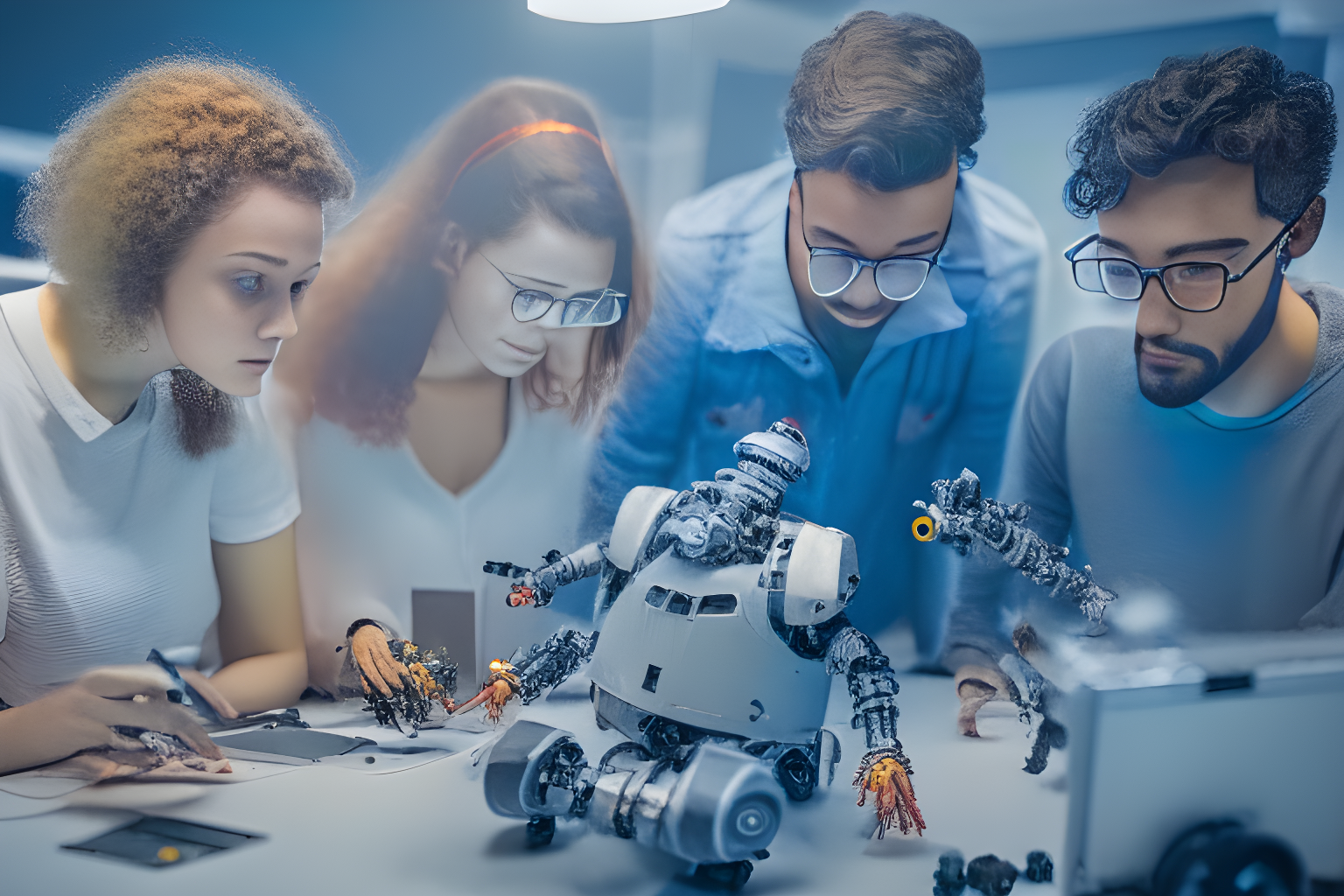 a group of scientists researching a small robot