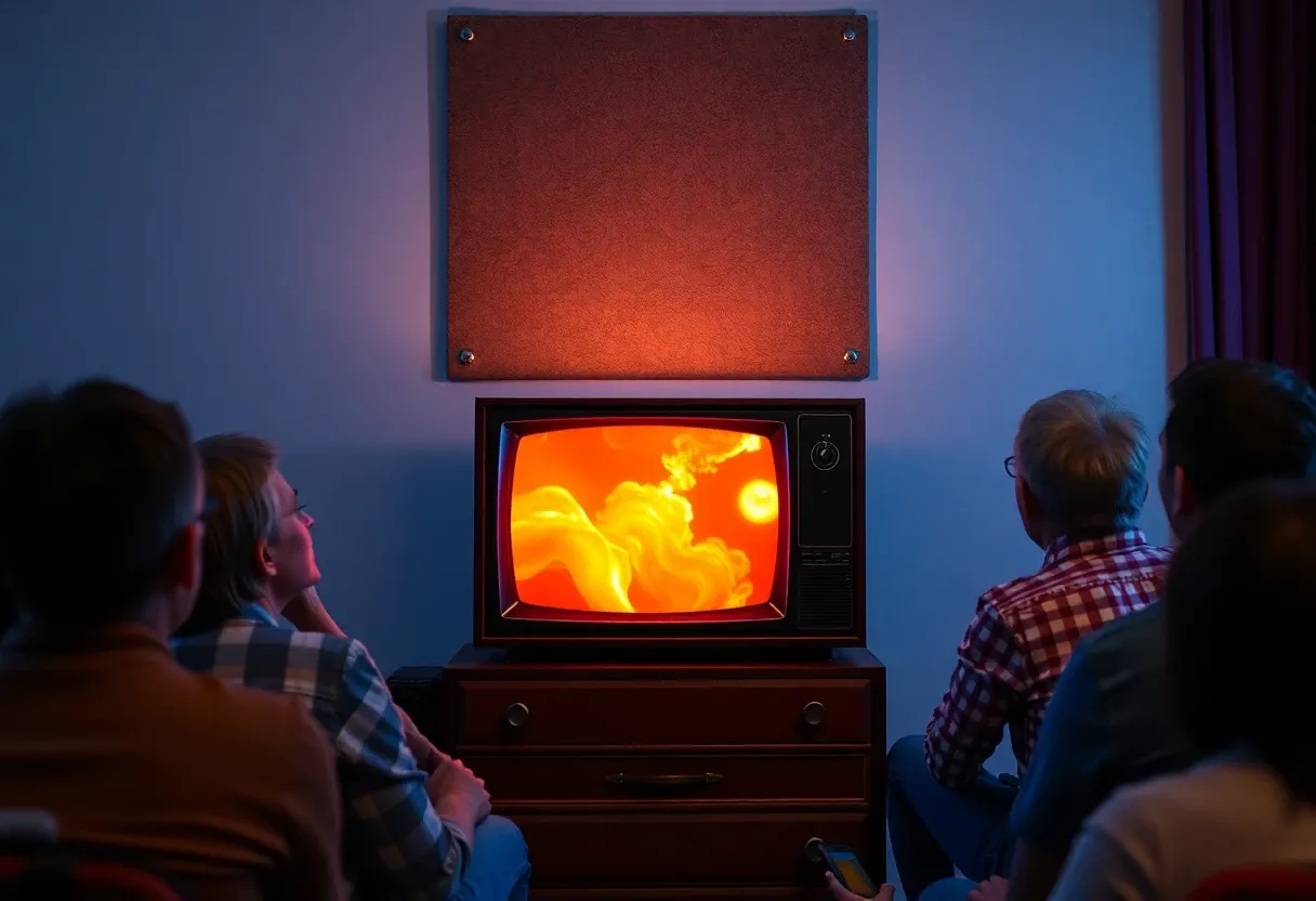 a group of spectators watching an old fashioned tv