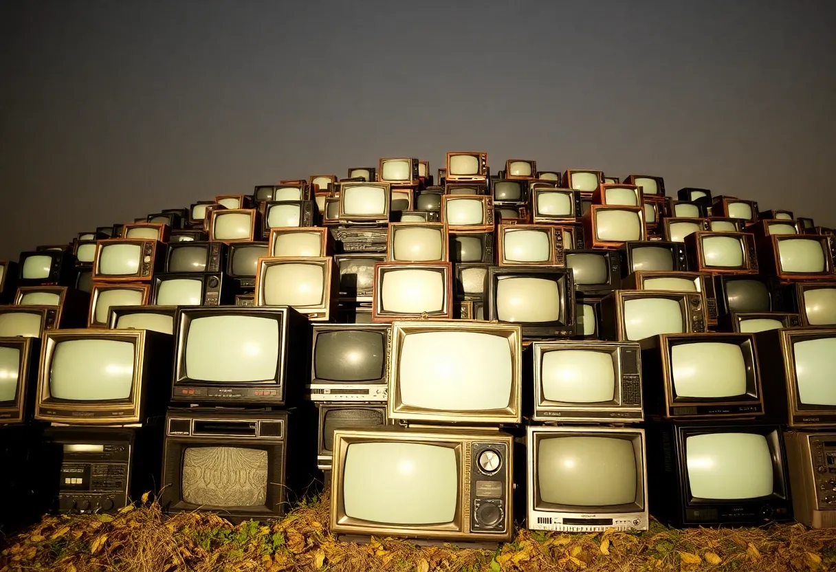 a hill covered in multiple old fashioned tvs