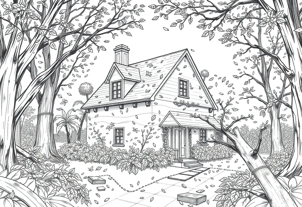 a house overgrown by trees and leaves sketch style