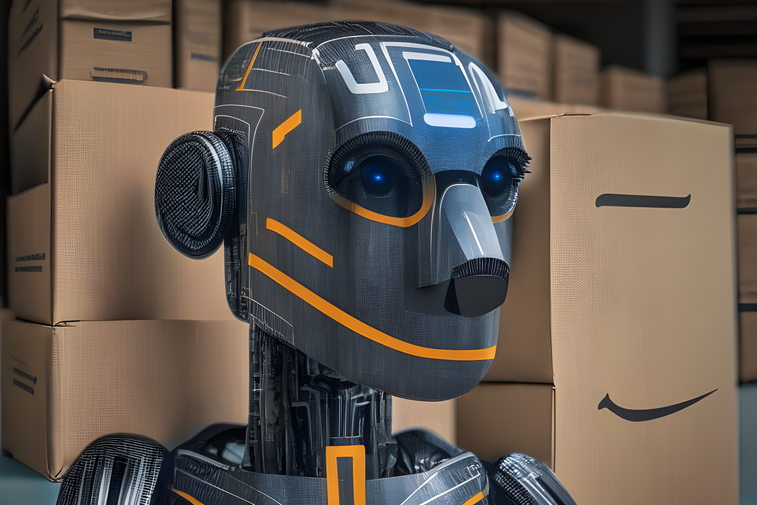 a humanoid robot with ecommerce amazon's logo on its face