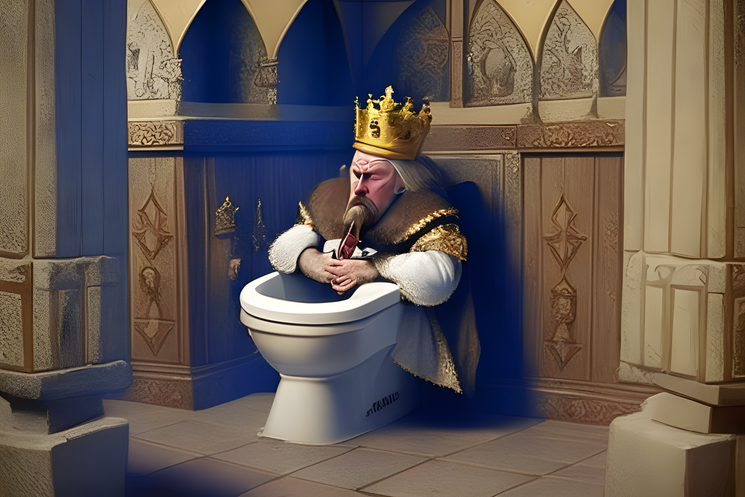 a king pooping on a toilet in a confessional