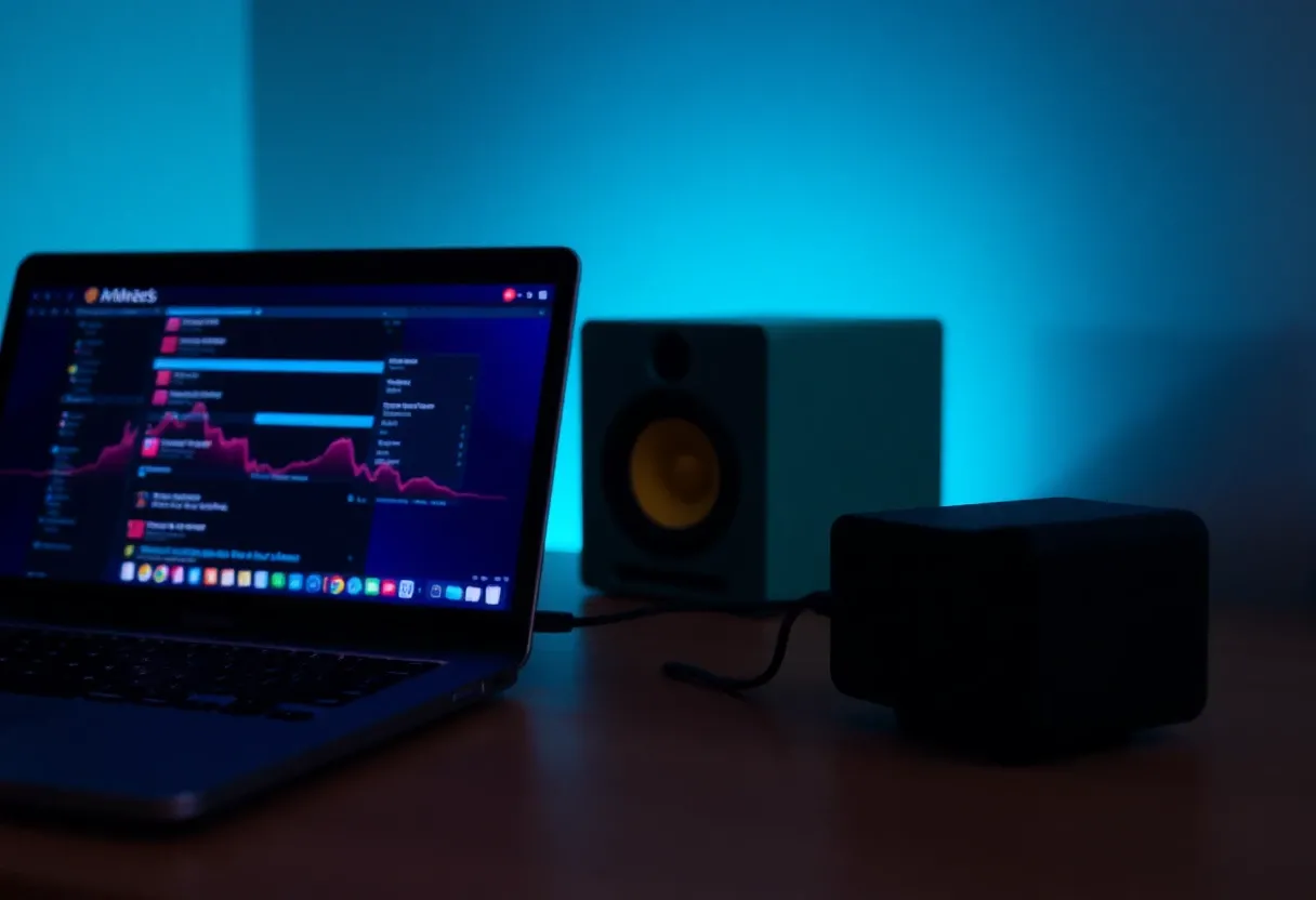 a laptop connected to a speaker
