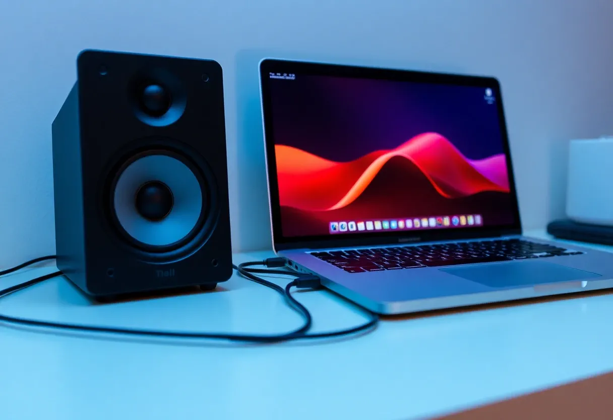 a laptop connected to a speaker