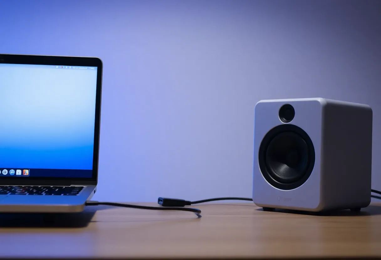 a laptop connected to a speaker