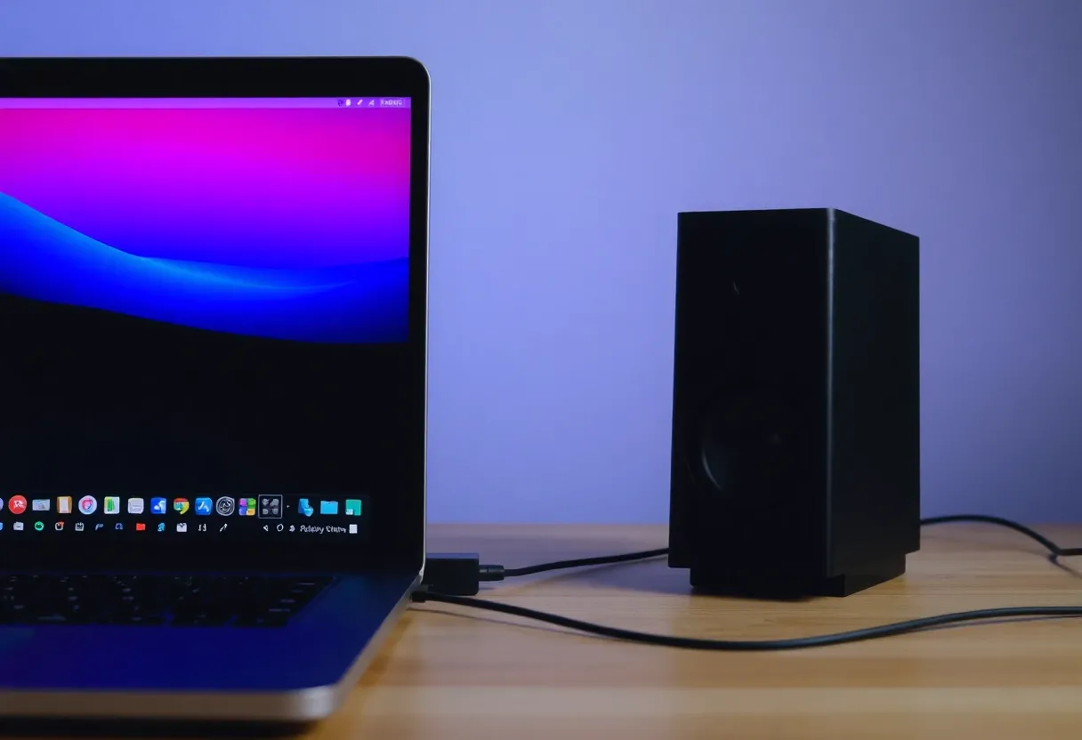 a laptop connected to a speaker