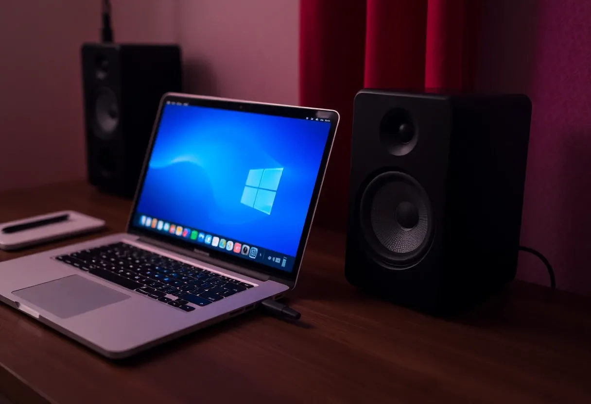 a laptop connected to a speaker