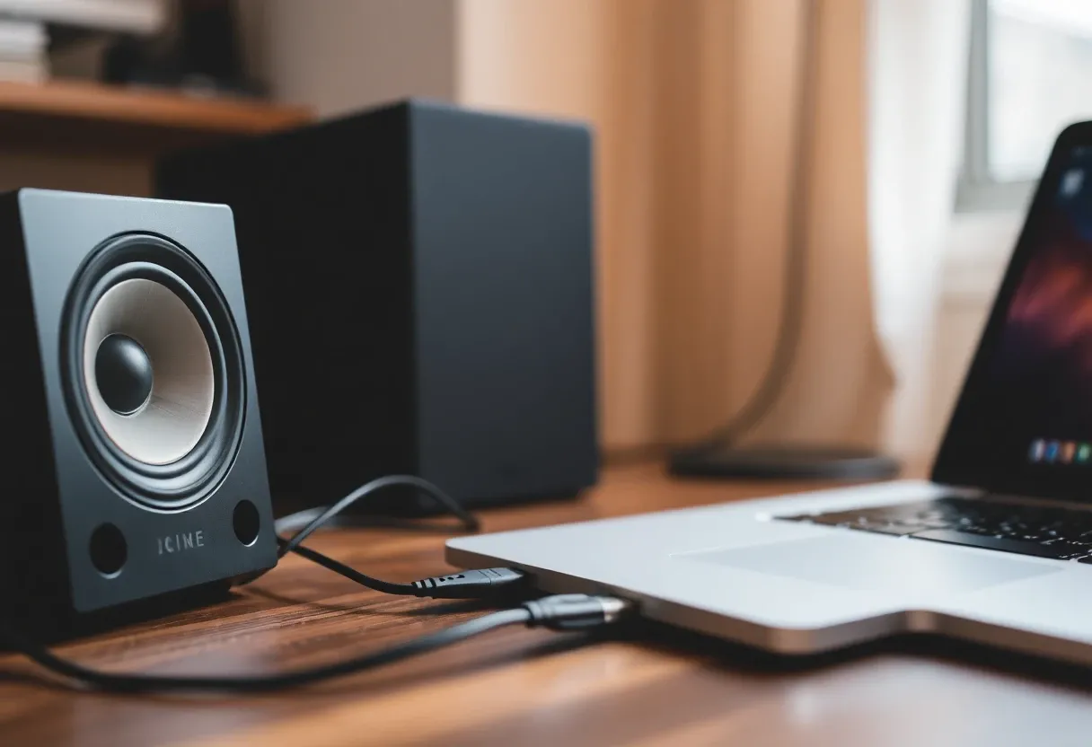 a laptop connected to a speaker