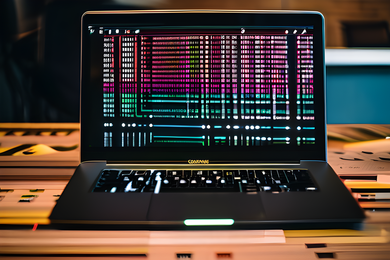 a laptop displaying lines of code on a desk