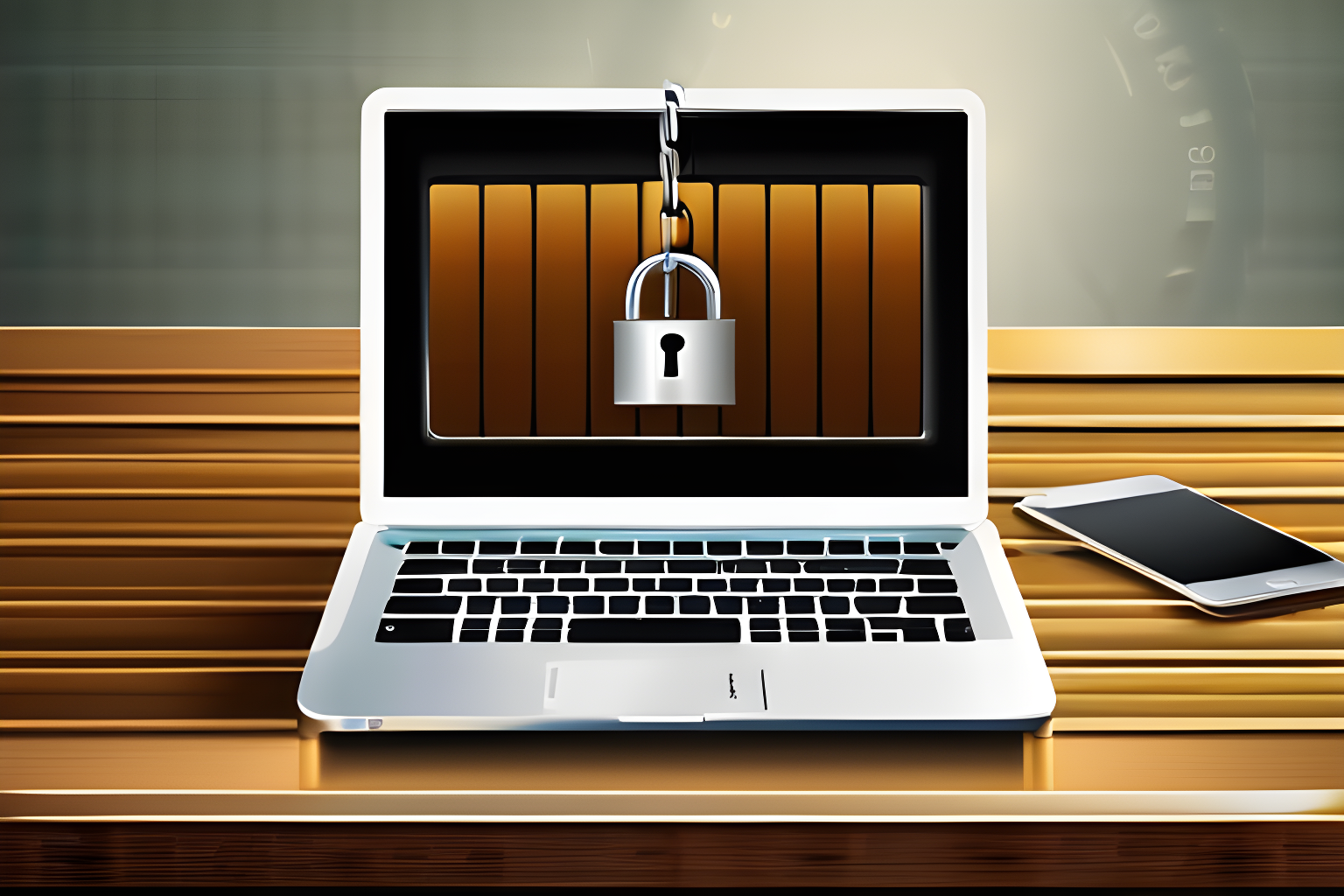 a laptop, on a table, displaying a padlock