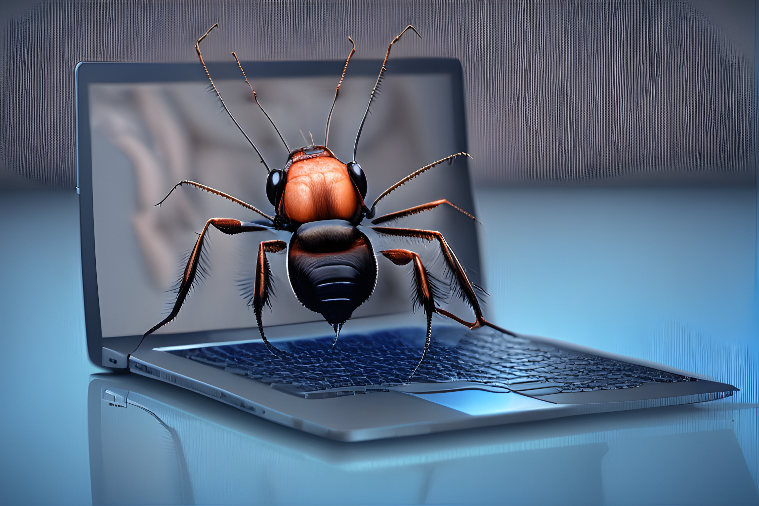 A laptop screen with a real bug on it